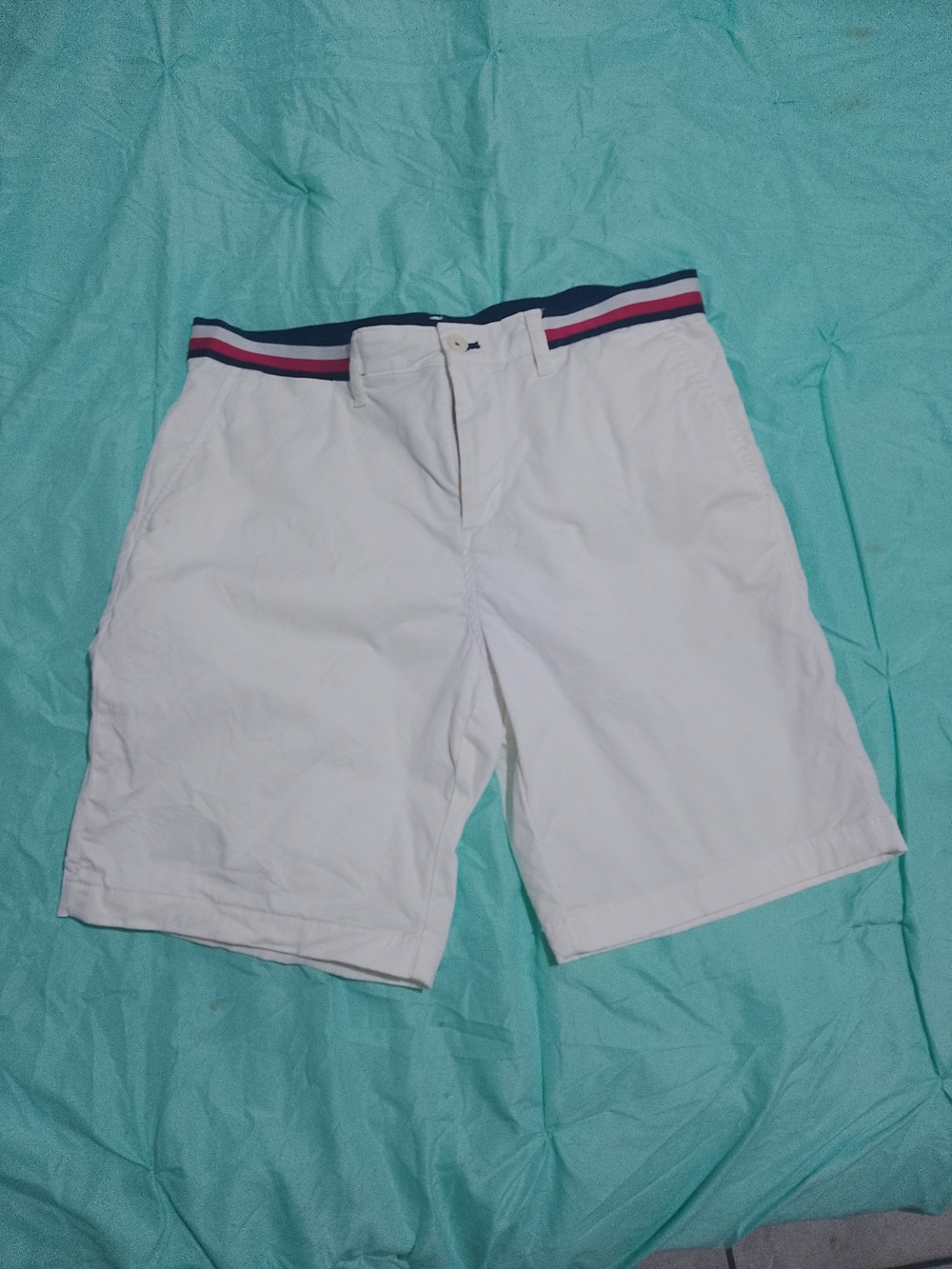 Tommy Hilfiger White Flat Front Shorts with Navy & Red Waistband